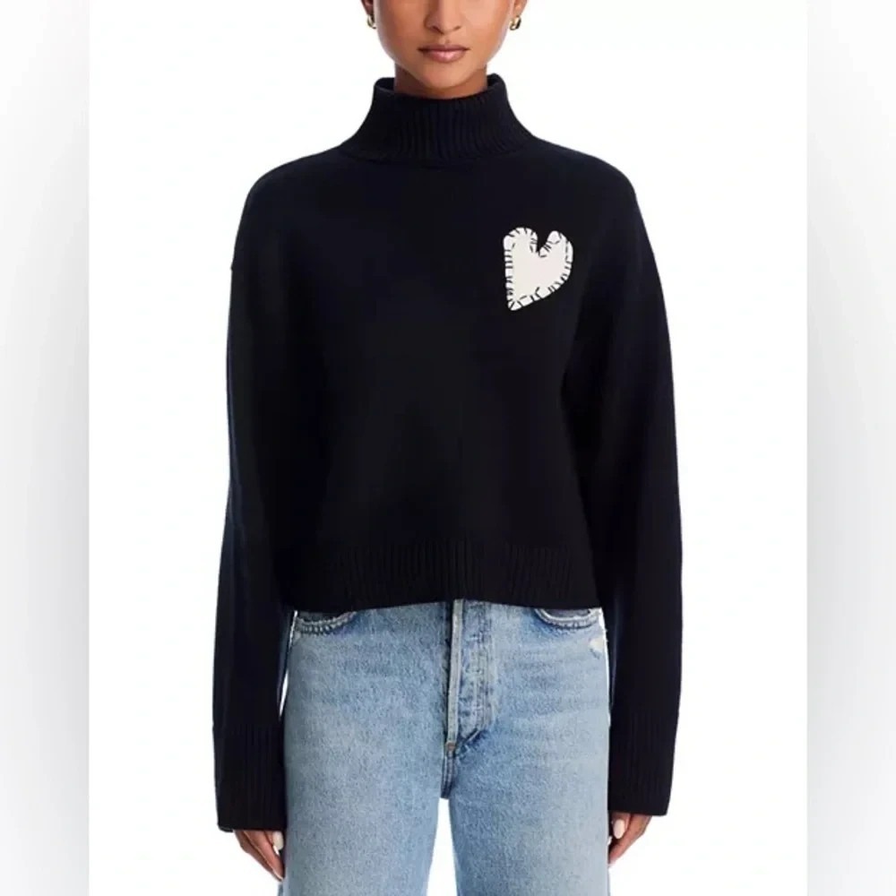 AQUA x Kerri Rosenthal Black Cropped Turtleneck Heart Patch Sweater Size XS